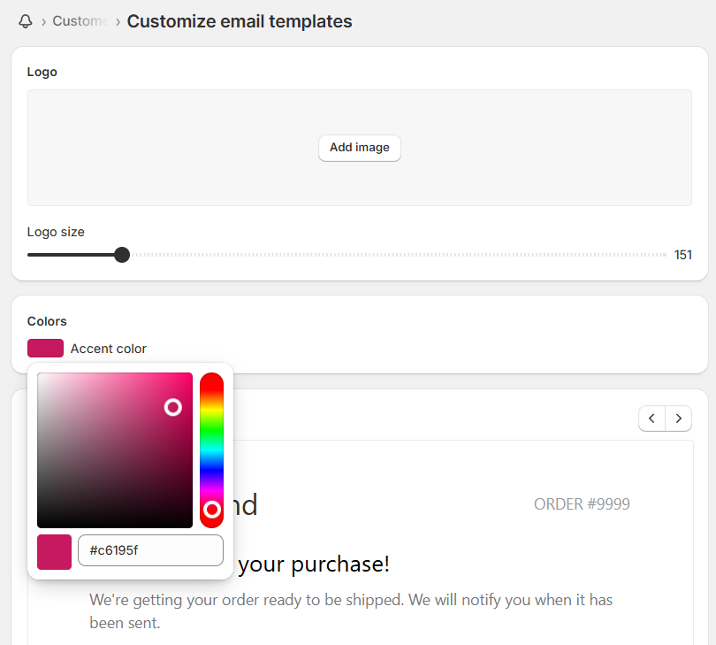 Add your logo, adjust colors in customize email templates